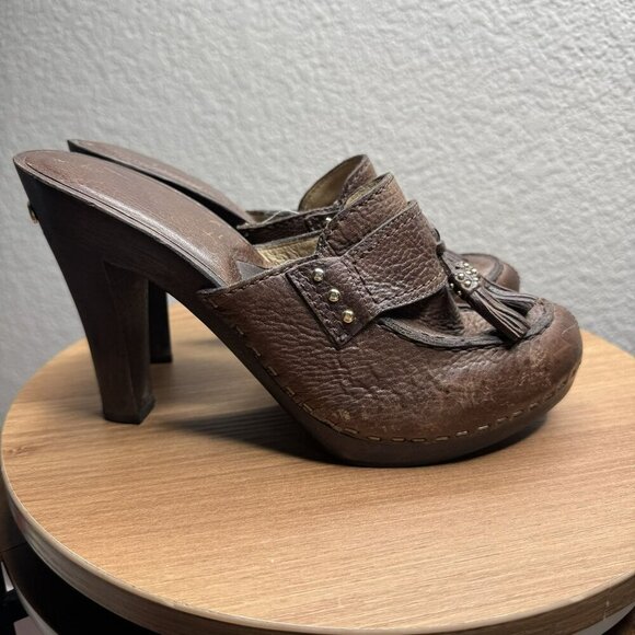 Michael Kors San‎ Antonio Mules Brown Leather Tassel Heeled Womens Size 7 - Picture 1 of 10